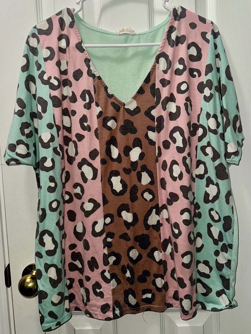 BiBi Pink, Mint & Brown Colorblock Leopard V-Neck Tunic